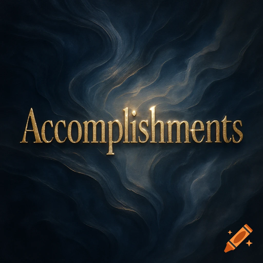 Golden glittery 'Accomplishments' text on a dark blue and gold swirling abstract background.