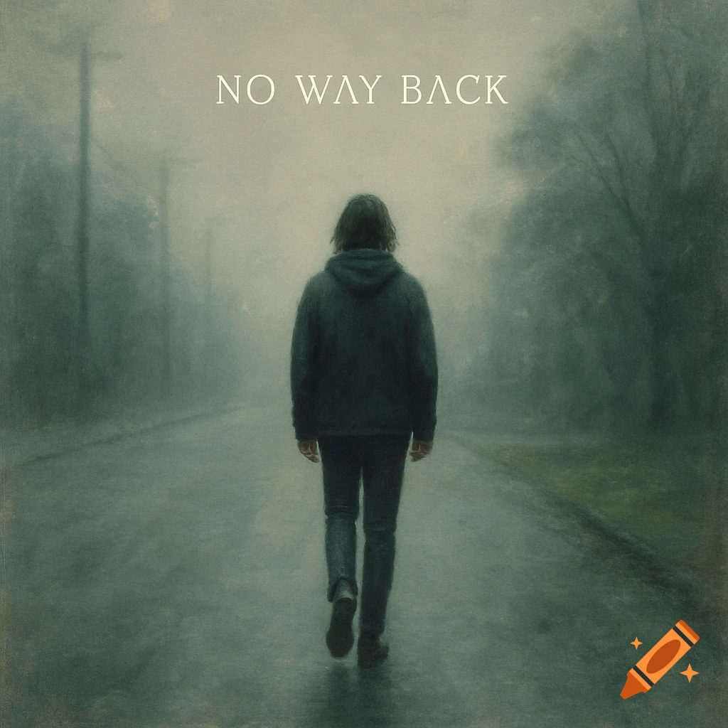 A solitary figure walks away on a foggy road with the text 'NO WAY BACK' above, in a melancholic, artistic style.