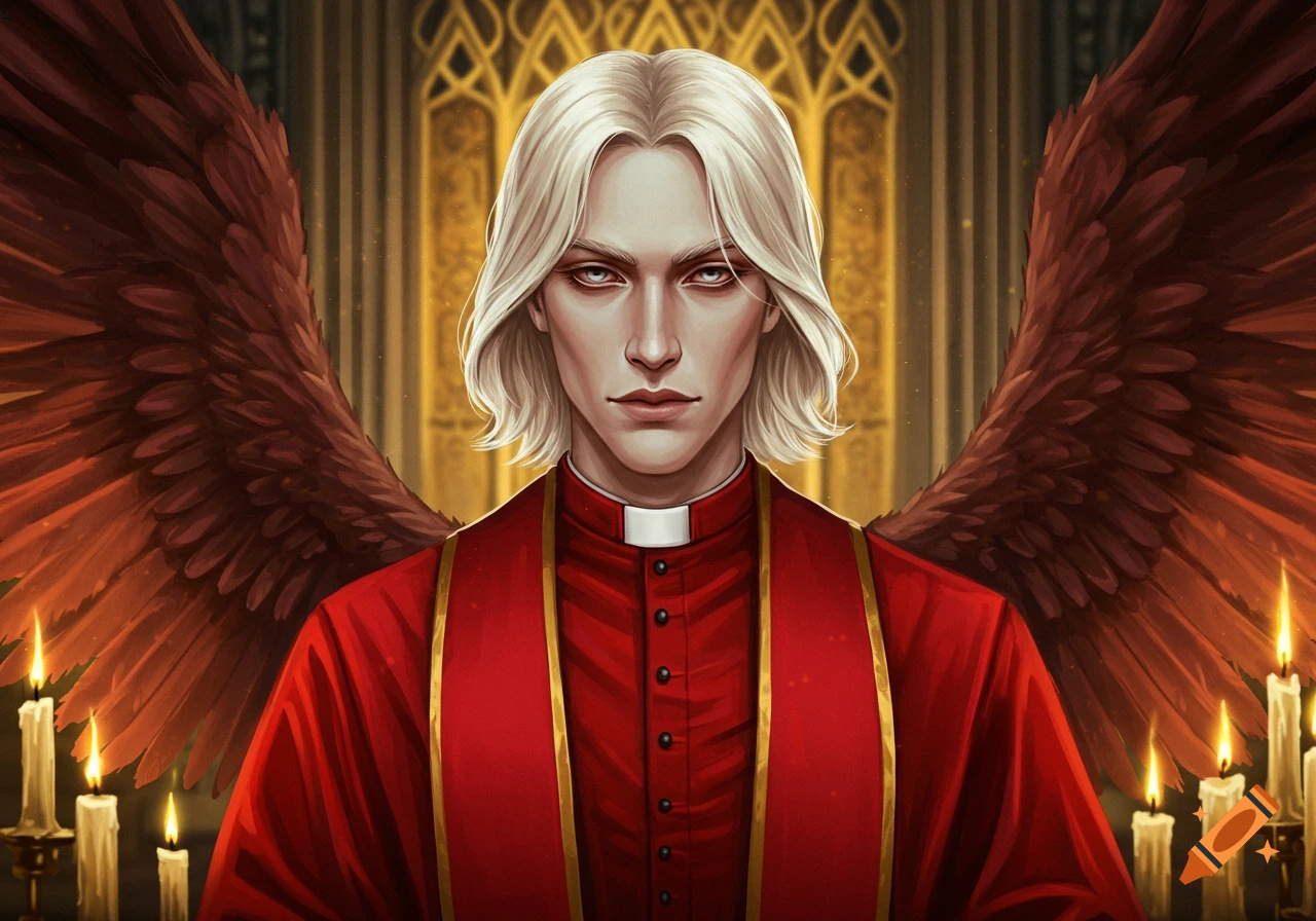 Digital painting of a pale, platinum blonde man in red priestly robes with dark red wings, in a gothic church with candles.
