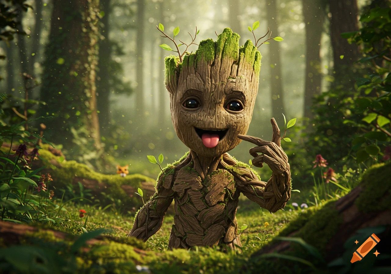 Photorealistic 3D render of Baby Groot in a lush, sunlit forest, playfully sticking his tongue out and pointing at it.
