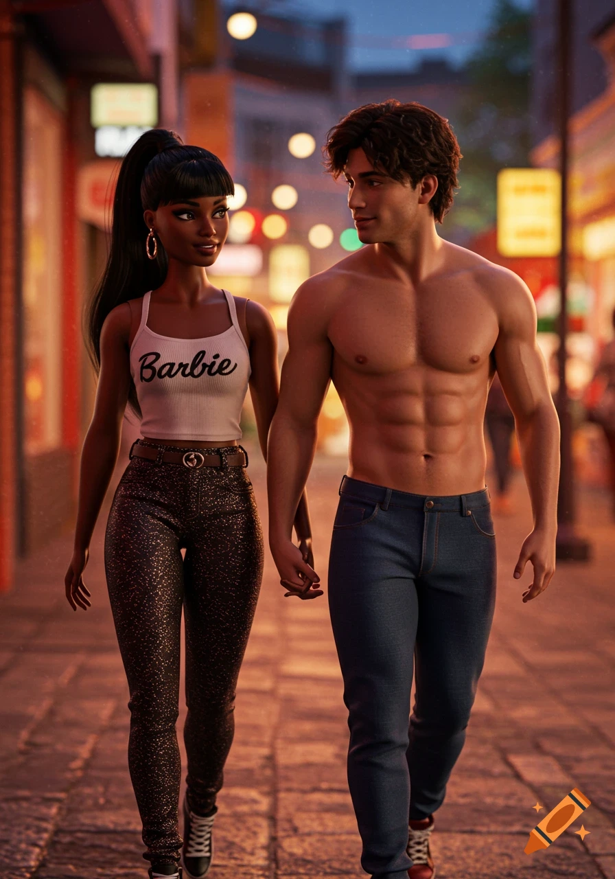 Photorealistic Barbie-like couple, a dark-skinned woman and shirtless man, walking hand-in-hand down a city street at night.