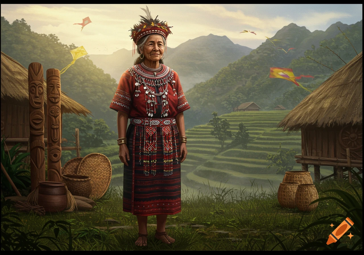 An elder Igorot woman in traditional costume stands in a rural village with terraced rice fields and mountains.