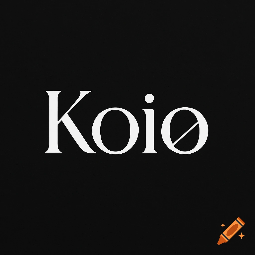 Minimal white text logo for the brand 'Koio' in a serif font on a black background, with a diagonal line through the final 'o'.