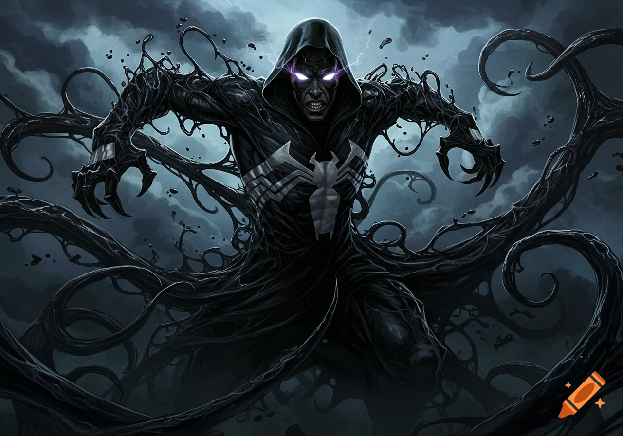 A menacing hooded figure with glowing purple eyes, covered in a black symbiote suit with a white spider symbol, surrounded by dark tendrils.