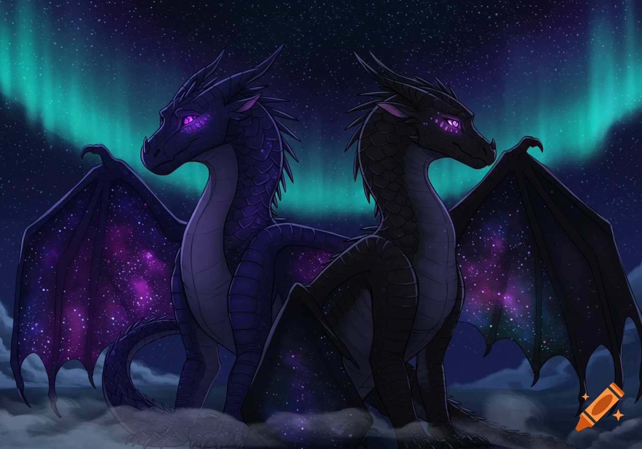 Two purple and dark dragons with starry wings sit back-to-back under a night sky with an aurora borealis.