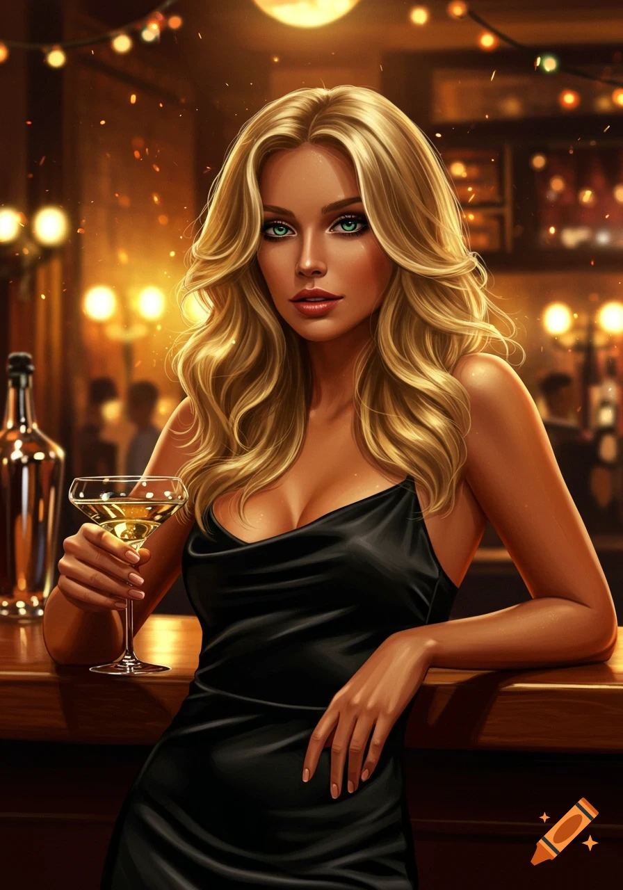 A beautiful blonde woman in a black dress holds a martini, leaning on a bar in a warmly lit digital art scene.