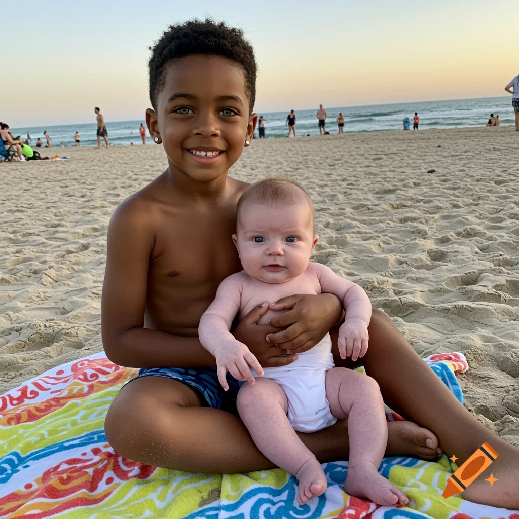 A young boy with green eyes and an afro fade sits on a colorful beach towel, holding a baby with blue eyes on his lap, at sunset on a beach.