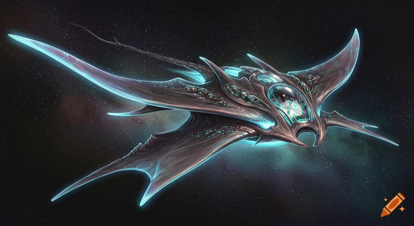 A sleek, bioluminescent alien spaceship resembling a manta ray with glowing blue accents flying through a starry cosmic expanse.
