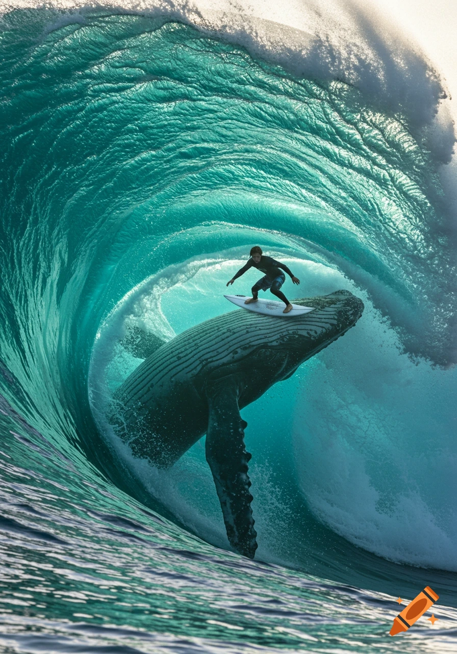 A man surfs on a humpback whale inside a huge barreling ocean wave.