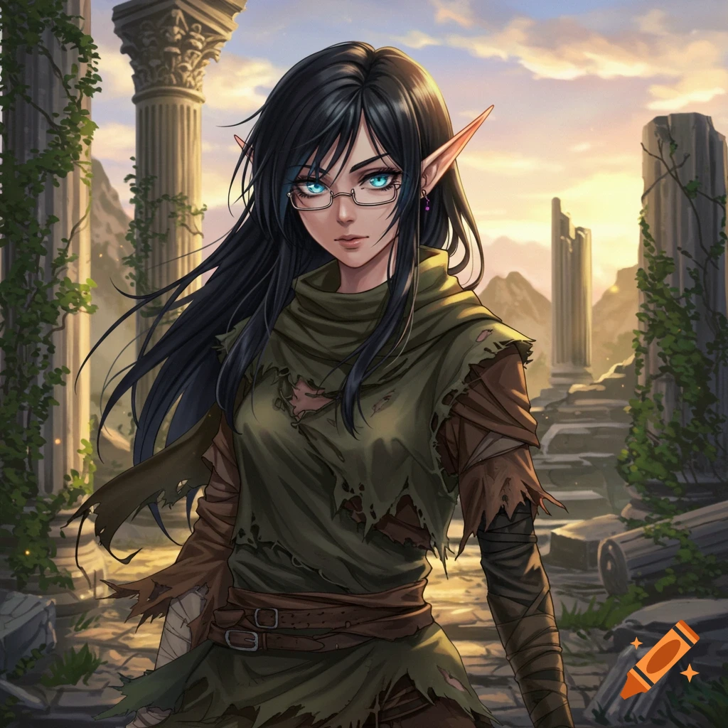 Anime-style elf woman with black hair, blue eyes, glasses, and torn clothes stands among ancient ruins at sunset.