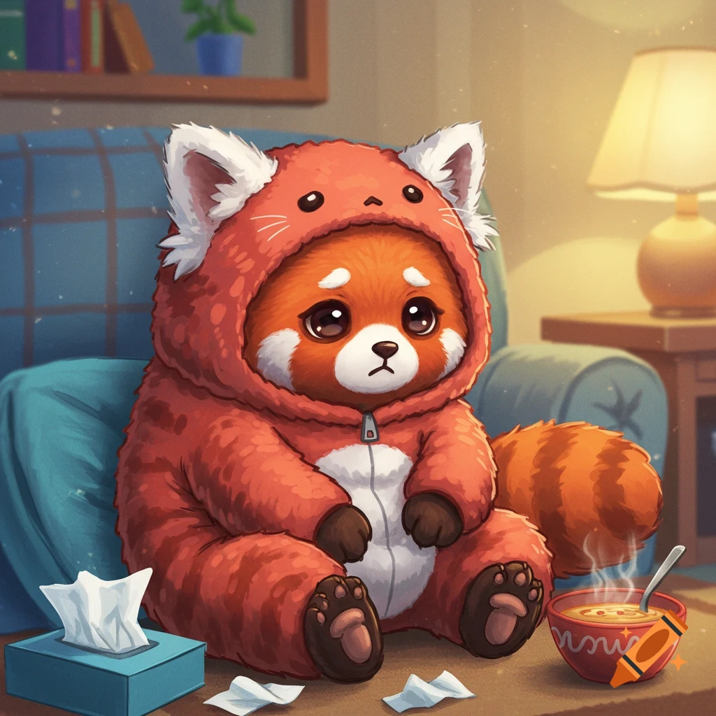 A sad, fluffy cartoon red panda wearing a red cat onesie, sitting on the floor with a tissue box and a steaming bowl of soup nearby. It appears sick.