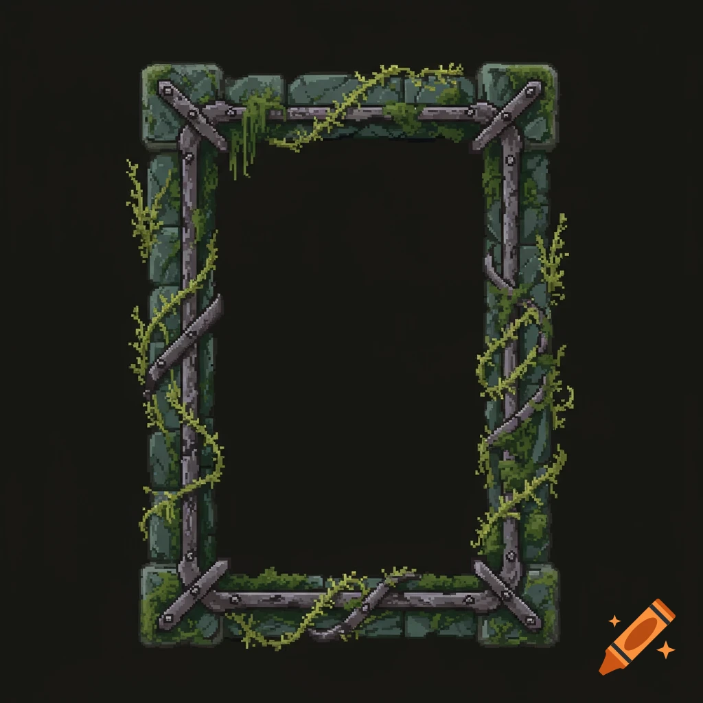 A pixel art portrait frame made of dark stone and iron, adorned with subtle green moss, on a black background.
