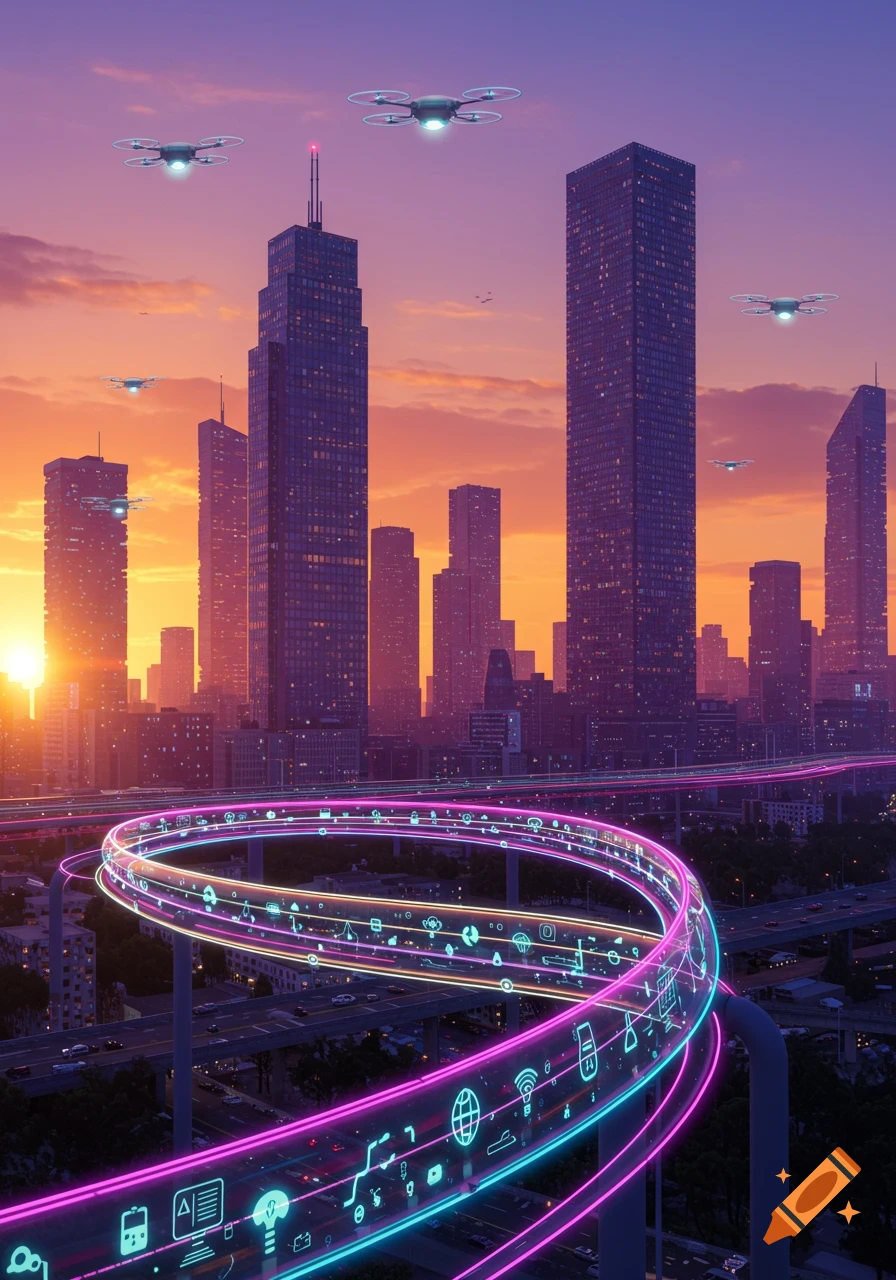 A futuristic cityscape at sunset with towering buildings, drones flying in the sky, and glowing pink and blue data lines forming a swirling highway overpass filled with technology icons.
