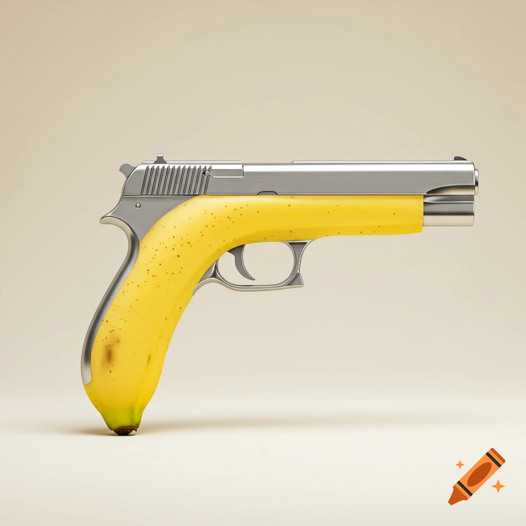 A photorealistic image of a handgun with a ripe yellow banana forming the grip and trigger guard, against a plain background.