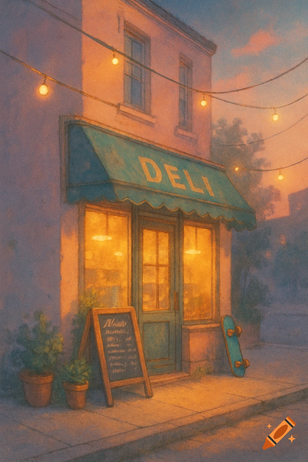 A lofi-inspired deli storefront at golden hour with a teal awning, warm lights, a chalkboard, potted plants, and a skateboard. Dreamy illustrated style with soft textures.
