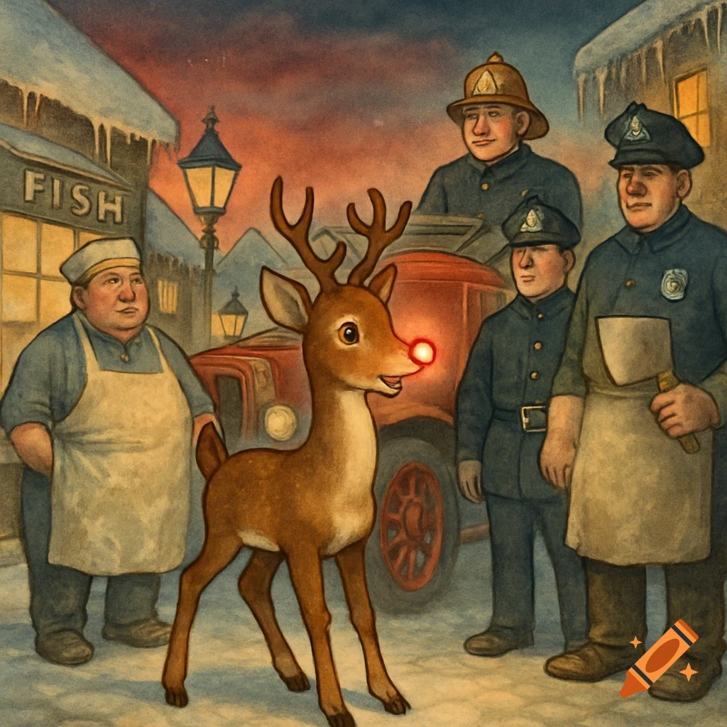 Vintage illustration of Rudolph the Red-Nosed Reindeer with a glowing nose standing in a snowy street among a fishmonger, fireman, police, and butcher.