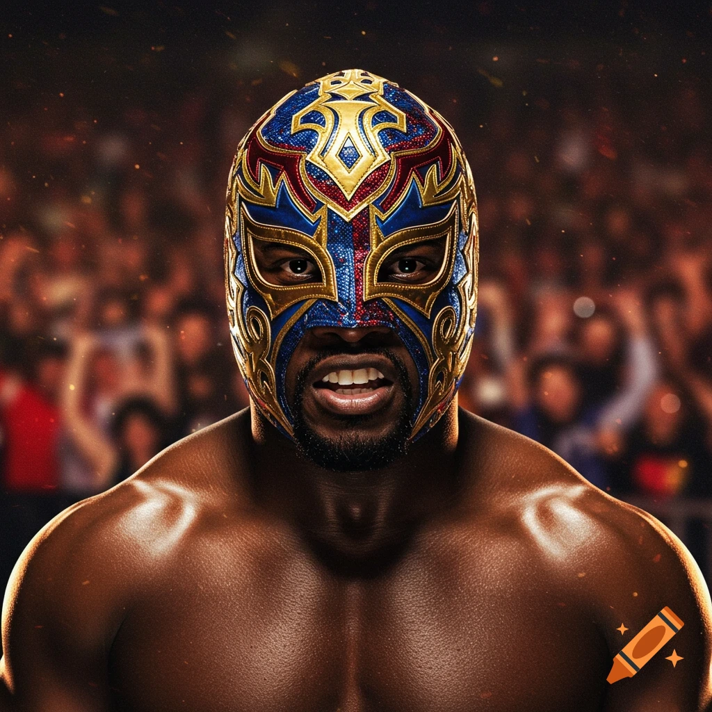 Close-up of a muscular man with a beard wearing an ornate blue, red, and gold wrestling mask, with a blurred crowd in the background.