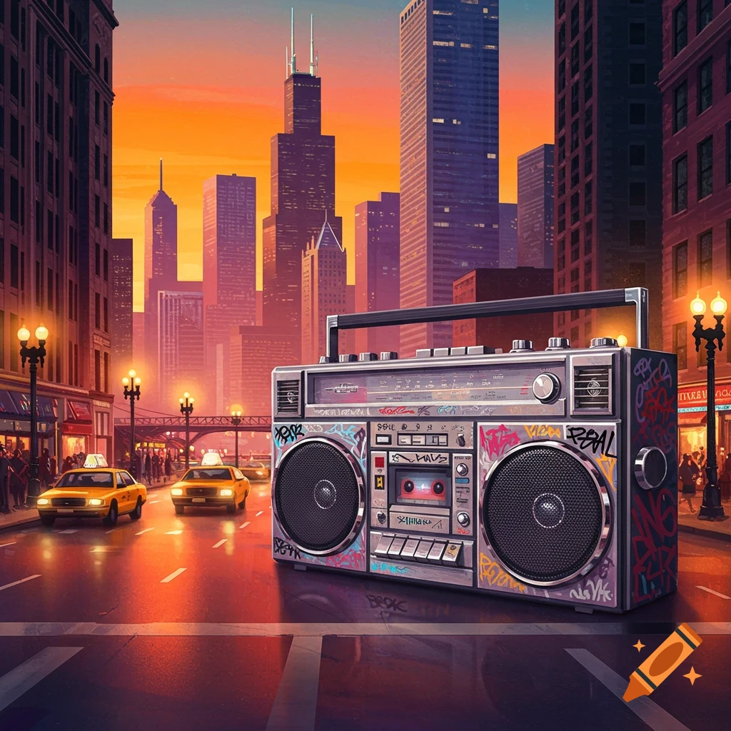A large, graffiti-covered boombox sits on a wet city street at sunset, with yellow cabs and a Chicago skyline in the background.