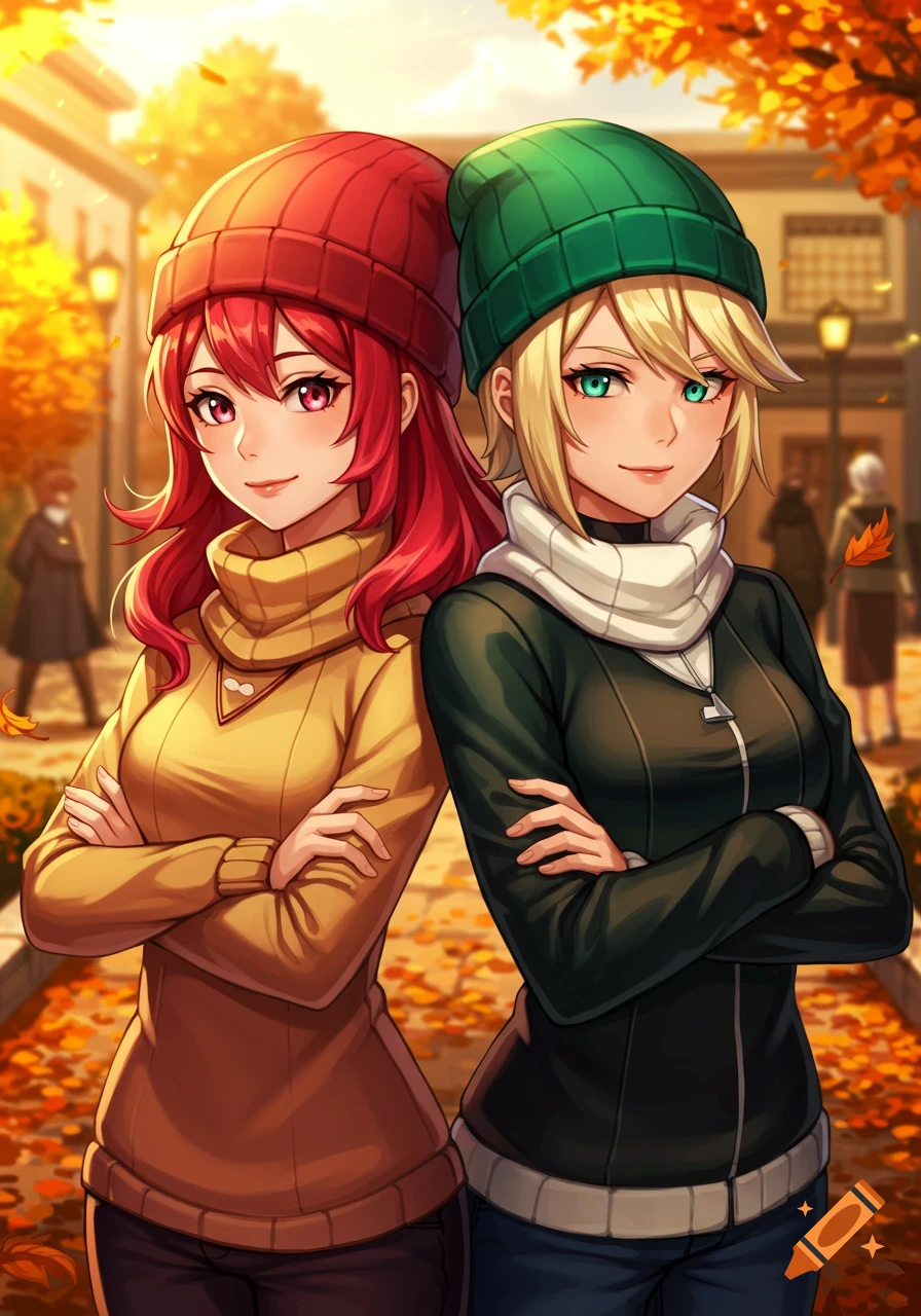 Two anime-style women, one with red hair and a red beanie, the other with blonde hair and a green beanie, stand back-to-back on an autumn street.