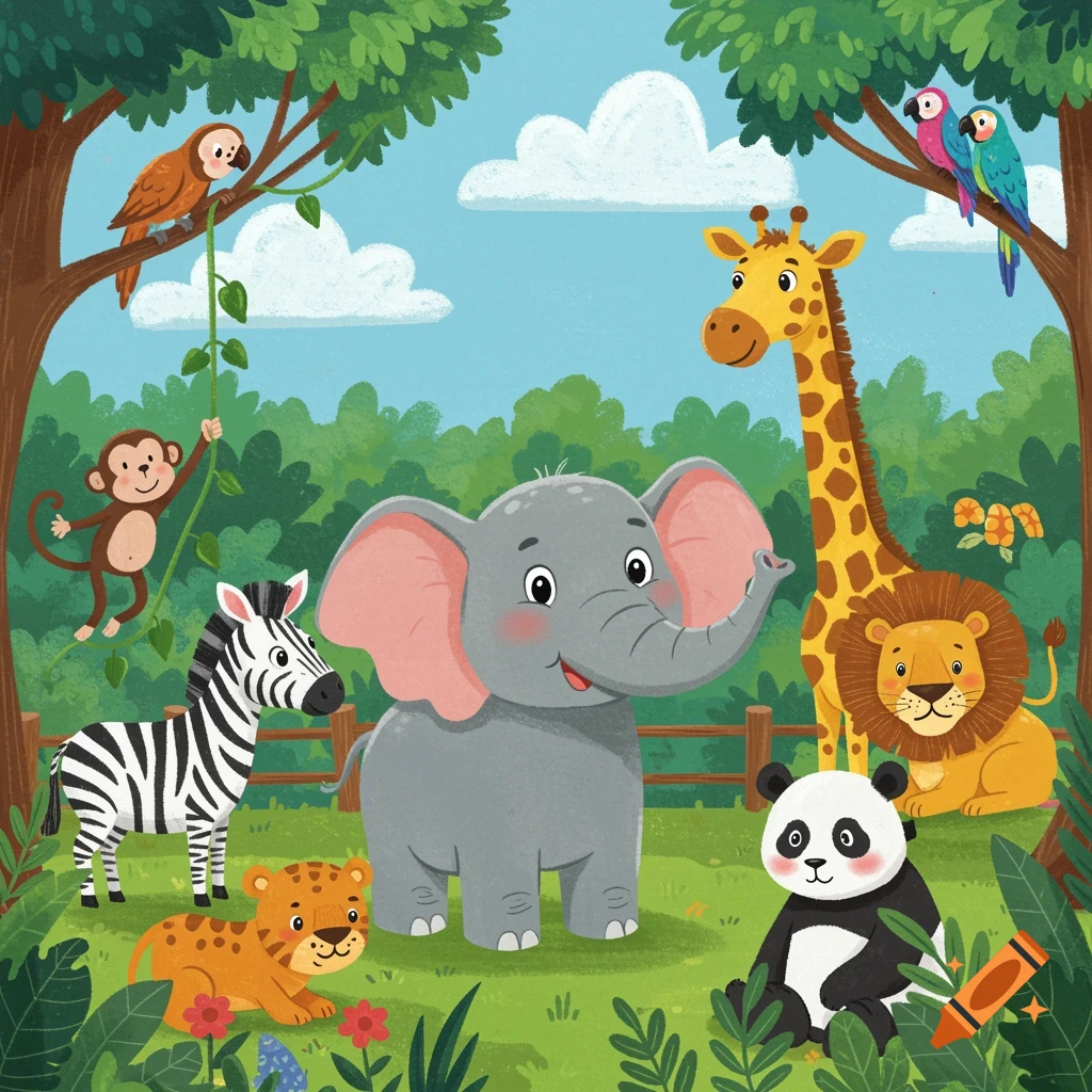 Cartoon jungle scene with an elephant, giraffe, lion, panda, zebra, monkey, and birds, in a cheerful children's book illustration style.