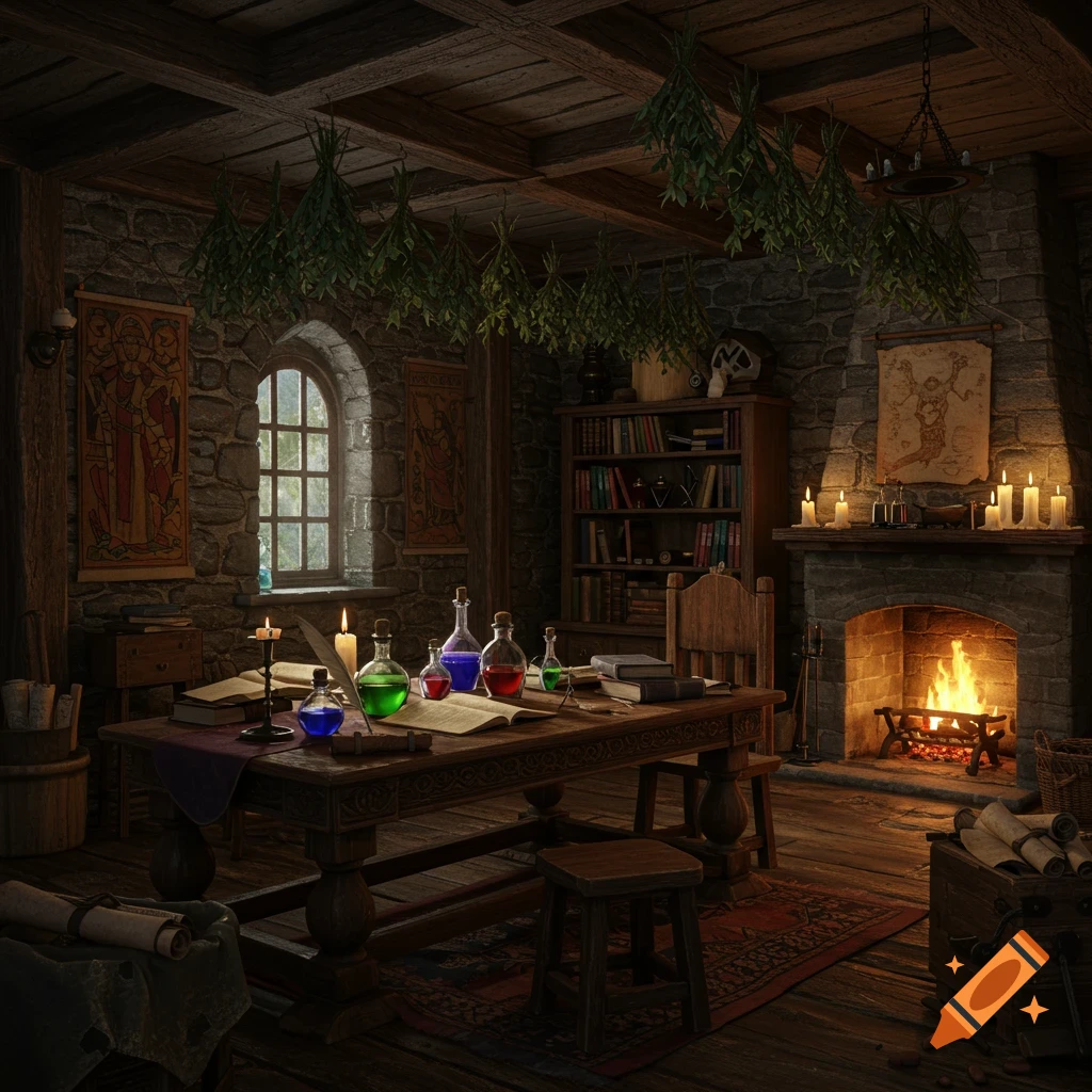 A cozy, dimly lit medieval wizard's study with a large wooden table, colorful potions, books, a fireplace, and dried herbs hanging from the ceiling.