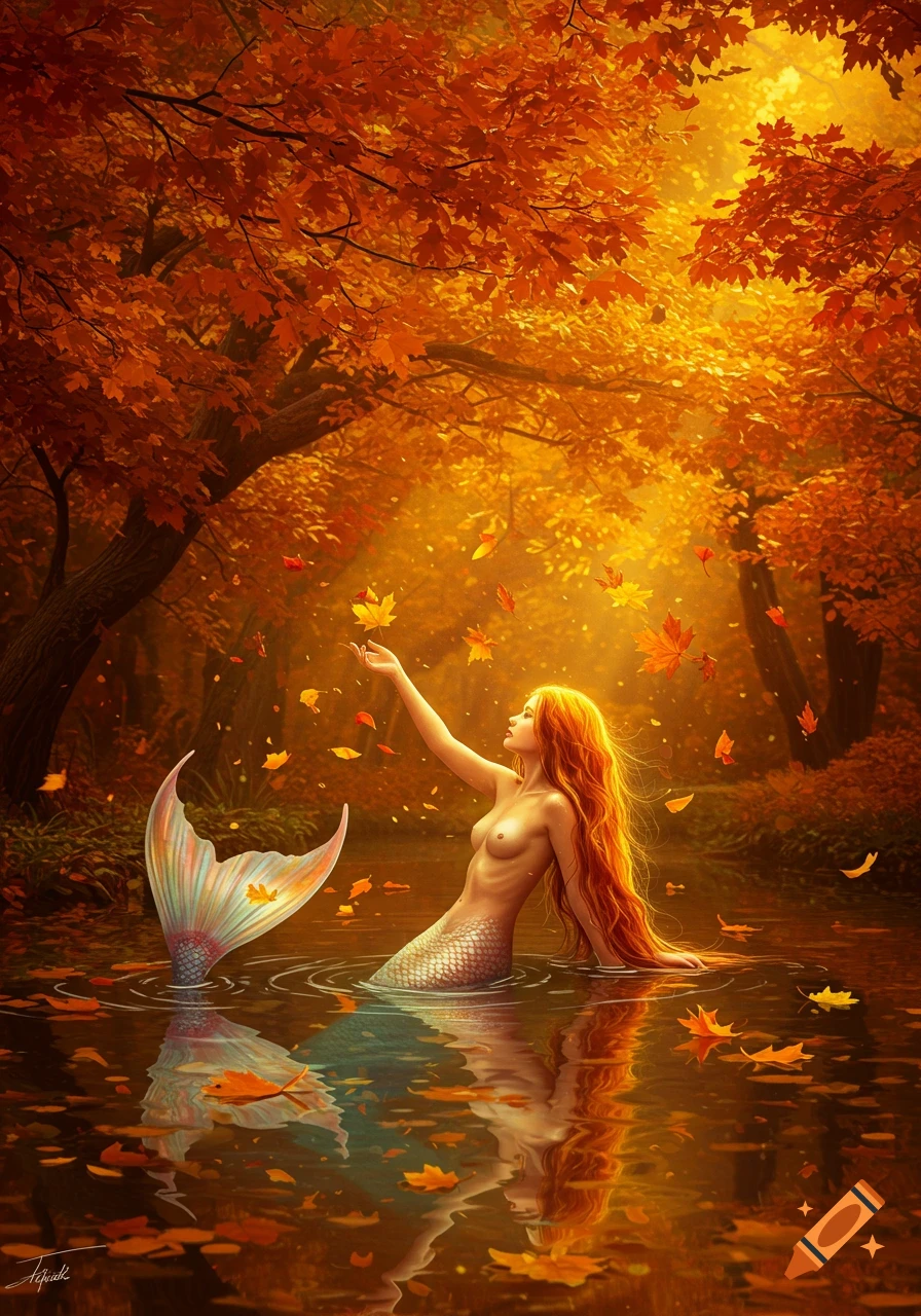 A red-haired mermaid with a scaly tail sits in a stream within a vibrant autumn forest, reaching for a falling orange leaf.