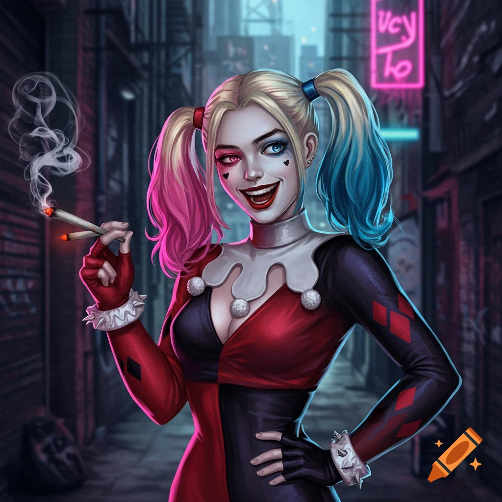 Harley Quinn, in her jester suit, smiles while holding two smoking blunts in a dark, neon-lit alleyway. Digital art style.