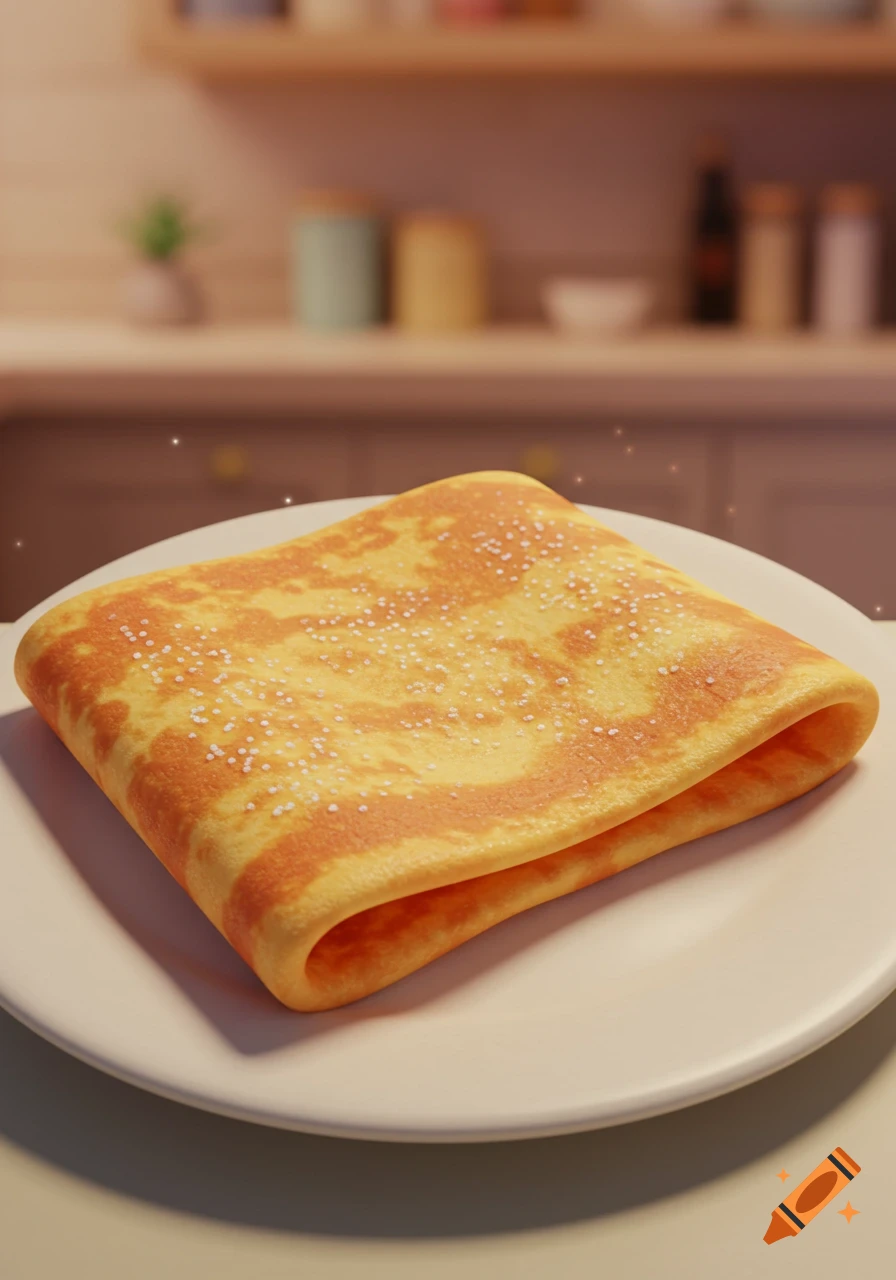 A rectangular, lightly browned crepe sprinkled with sugar on a white plate in a 3D Pixar style against a blurred kitchen background.