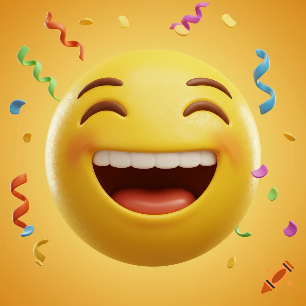 A laughing emoji with closed eyes and an open mouth, surrounded by colorful confetti, against an orange background.