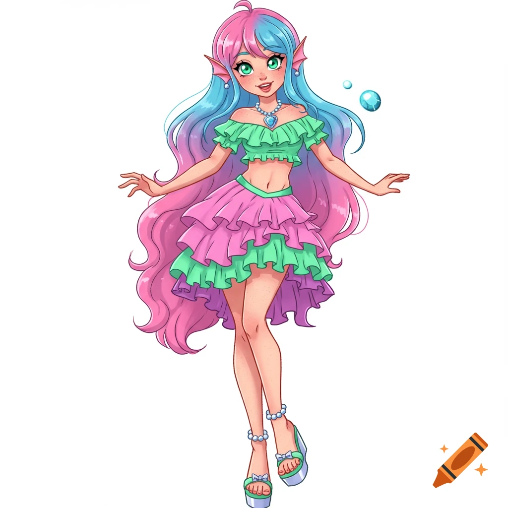 A cheerful anime fantasy girl with long pink and blue hair, green eyes, mermaid ears, wearing a green ruffle crop top, a pink and green ruffle skirt, and green wedge heels, on a white background.
