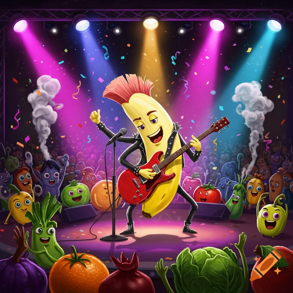 A cartoon punk rock banana with a red mohawk plays an electric guitar on stage at a concert, surrounded by cheering cartoon fruits and vegetables.