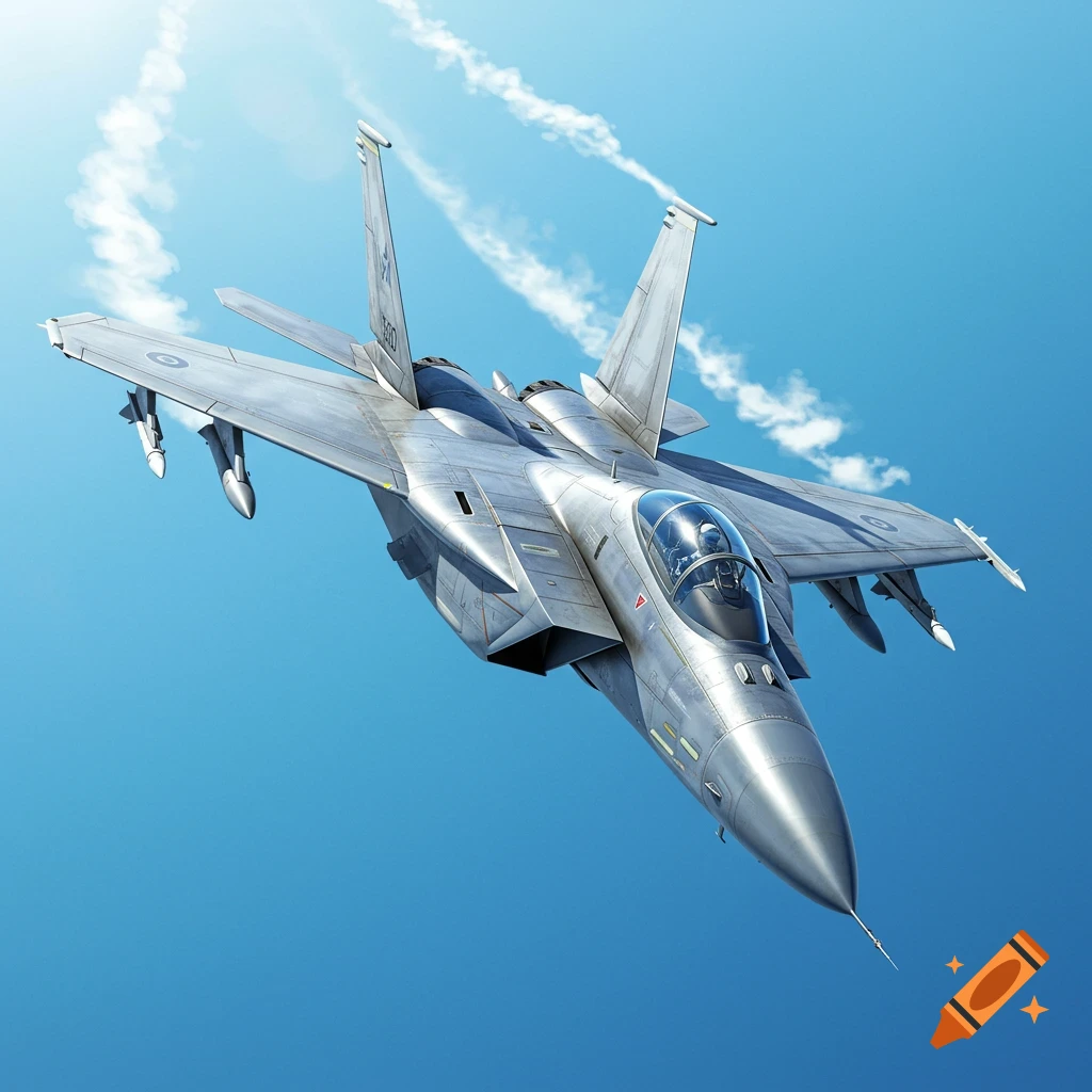 A detailed, photorealistic fighter jet with missiles flies upward at an angle against a bright blue sky, leaving contrails.