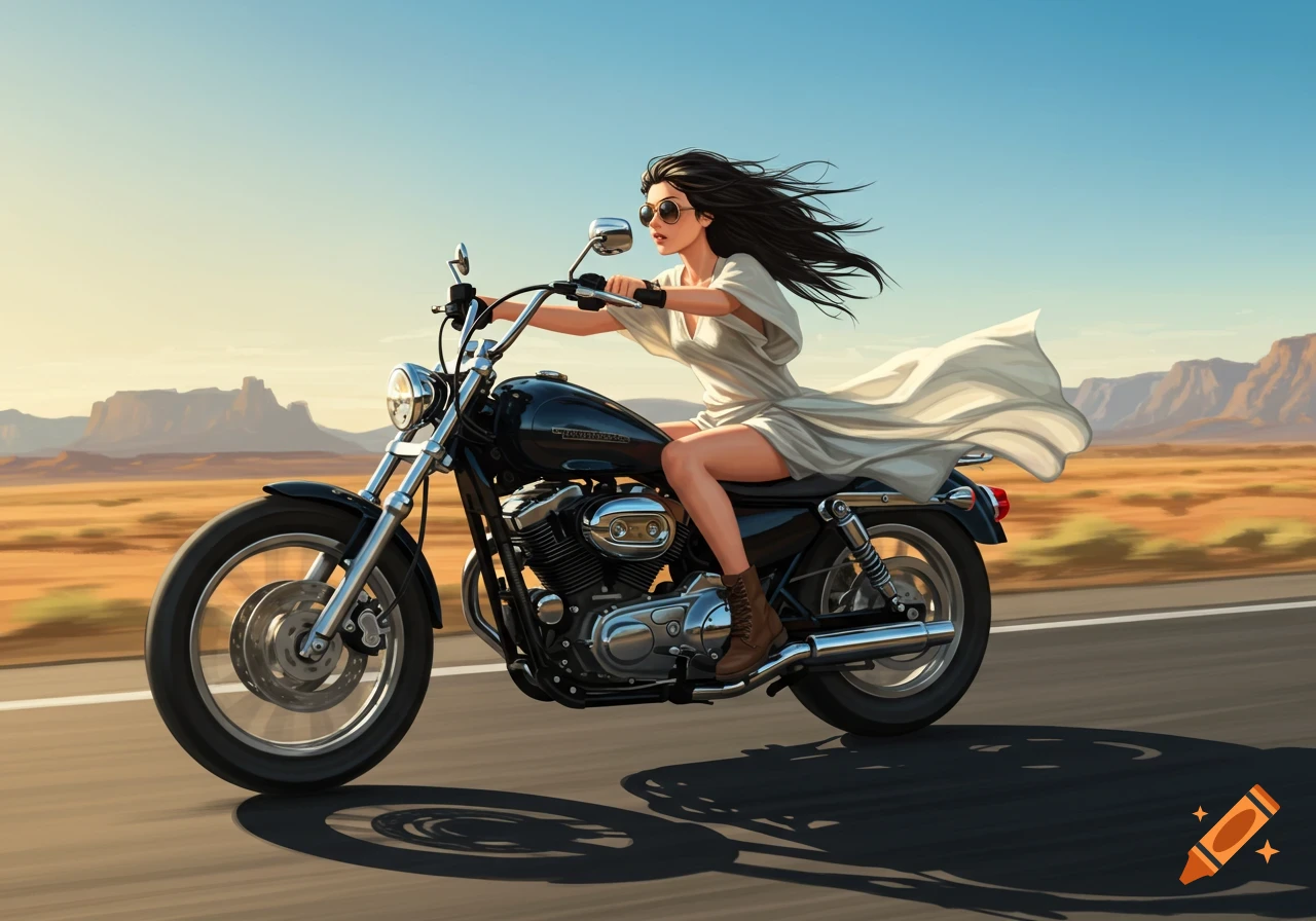 Illustrated woman in a flowing white tunic riding a black motorcycle on a desert highway.
