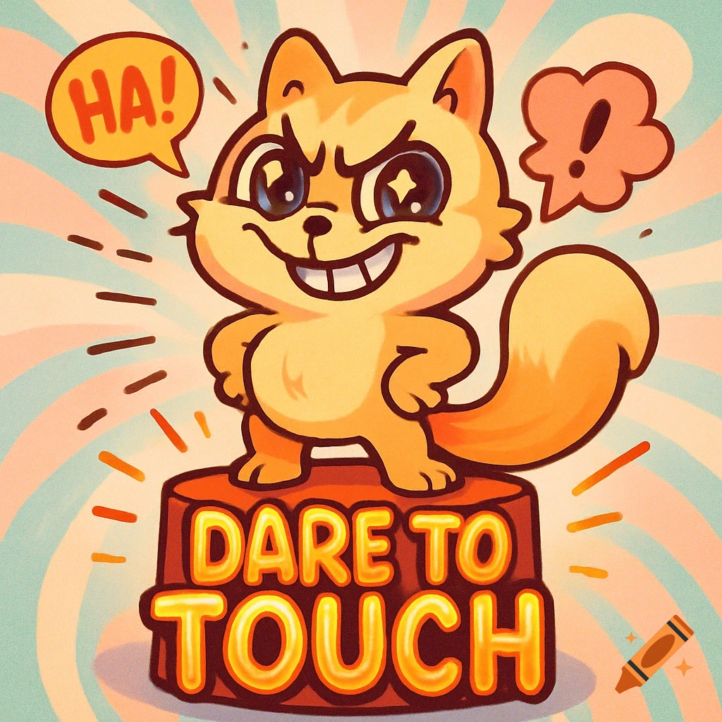 A mischievous cartoon squirrel stands on a 'DARE TO TOUCH' block, with a 'HA!' speech bubble, against a striped background.