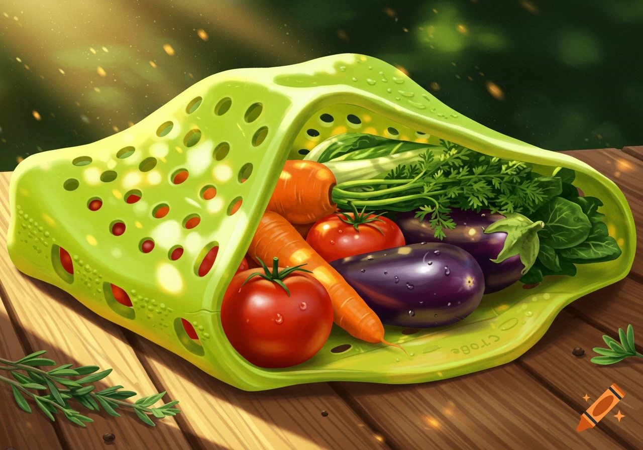 Fresh carrots, tomatoes, and eggplants in a bright green silicone bag on a wooden table, in a vibrant, illustrative style.
