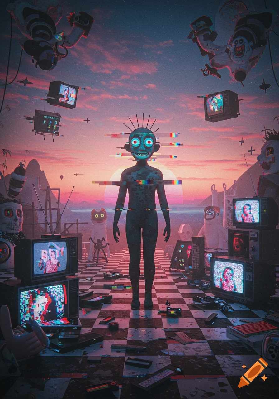A stylized figure with glitch effects stands on a checkered floor, surrounded by old TVs displaying static and distorted faces, under a pink sunset sky with floating objects.
