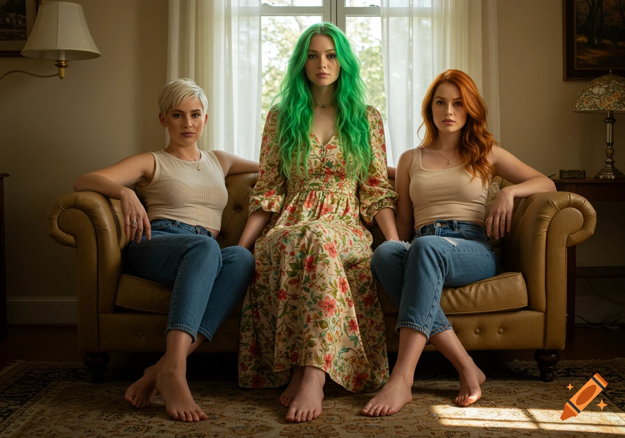 Three young women with green, blonde, and red hair sit barefoot on a sofa in a living room, looking at the viewer.