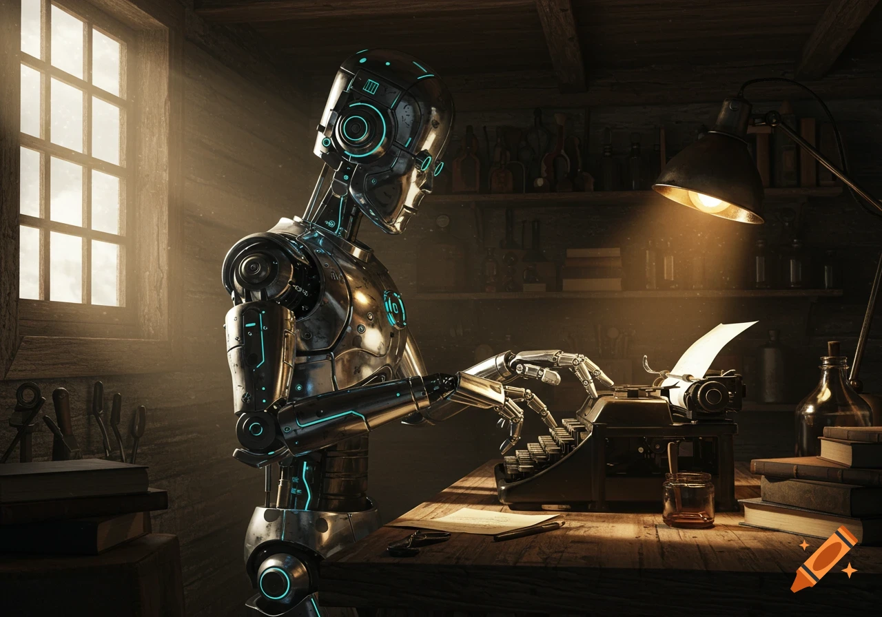 A photorealistic metallic robot types on a vintage typewriter at a wooden desk in a rustic, dimly lit room, sunlight through a window.