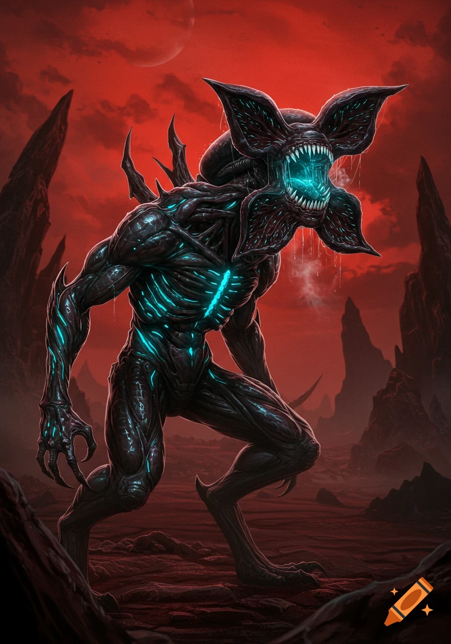 A dark, bipedal monster with glowing blue features, sharp teeth, and a flower-like head stands on a desolate red alien landscape.