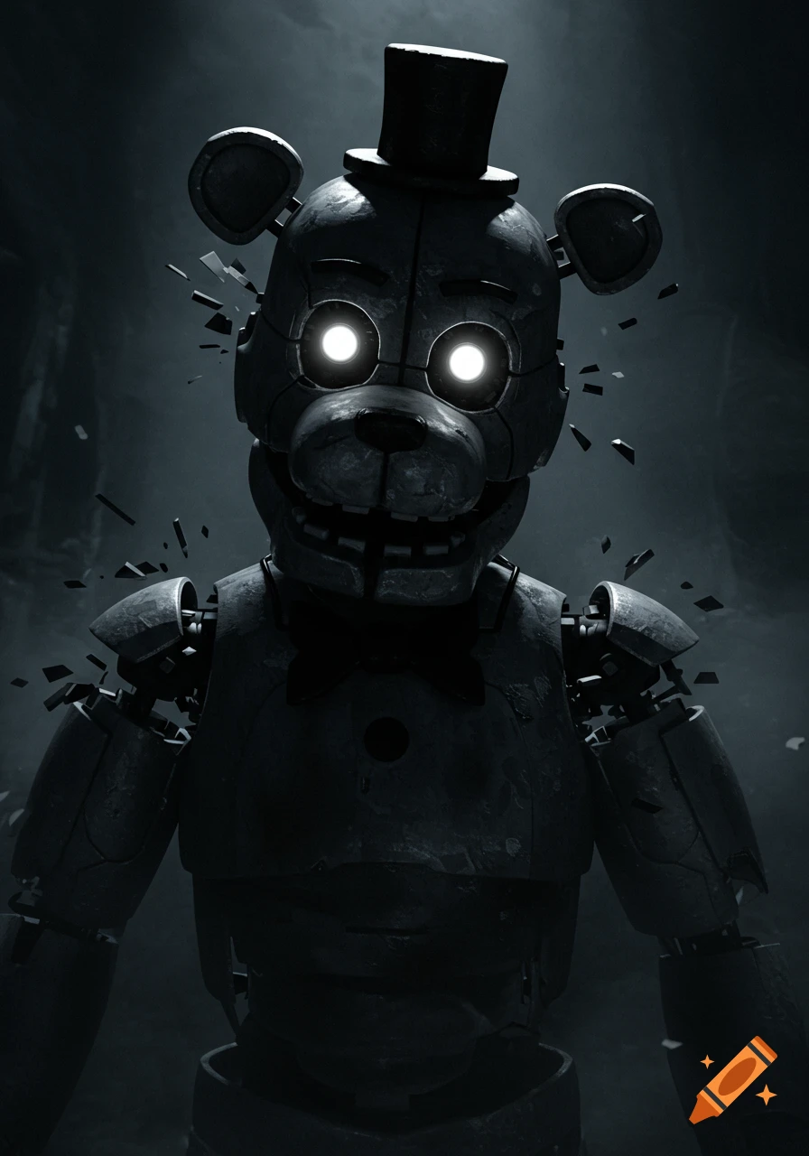 An ominous dark robot bear with glowing white eyes and a top hat, its head appearing to shatter in a dark setting.