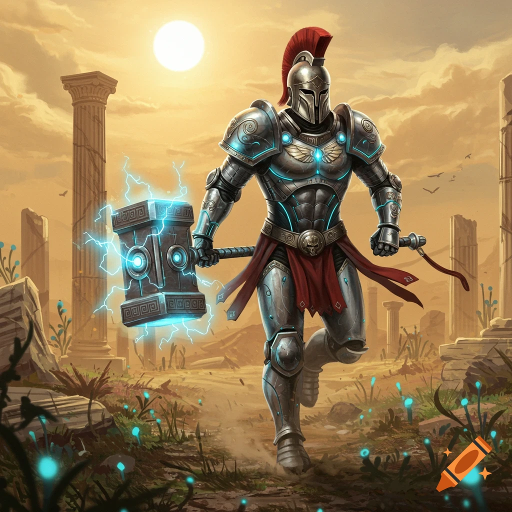 A sci-fi fantasy warrior in glowing armor with a red-plumed helmet charges across a desert landscape with ruins, holding a large glowing blue hammer.