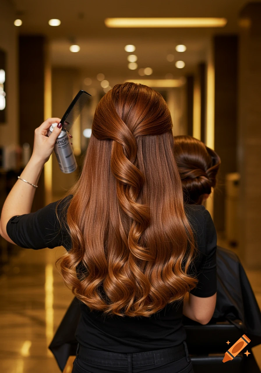 Rear view of a hairstylist styling a client's long, wavy chestnut hair in a modern salon, holding a comb and hairspray.