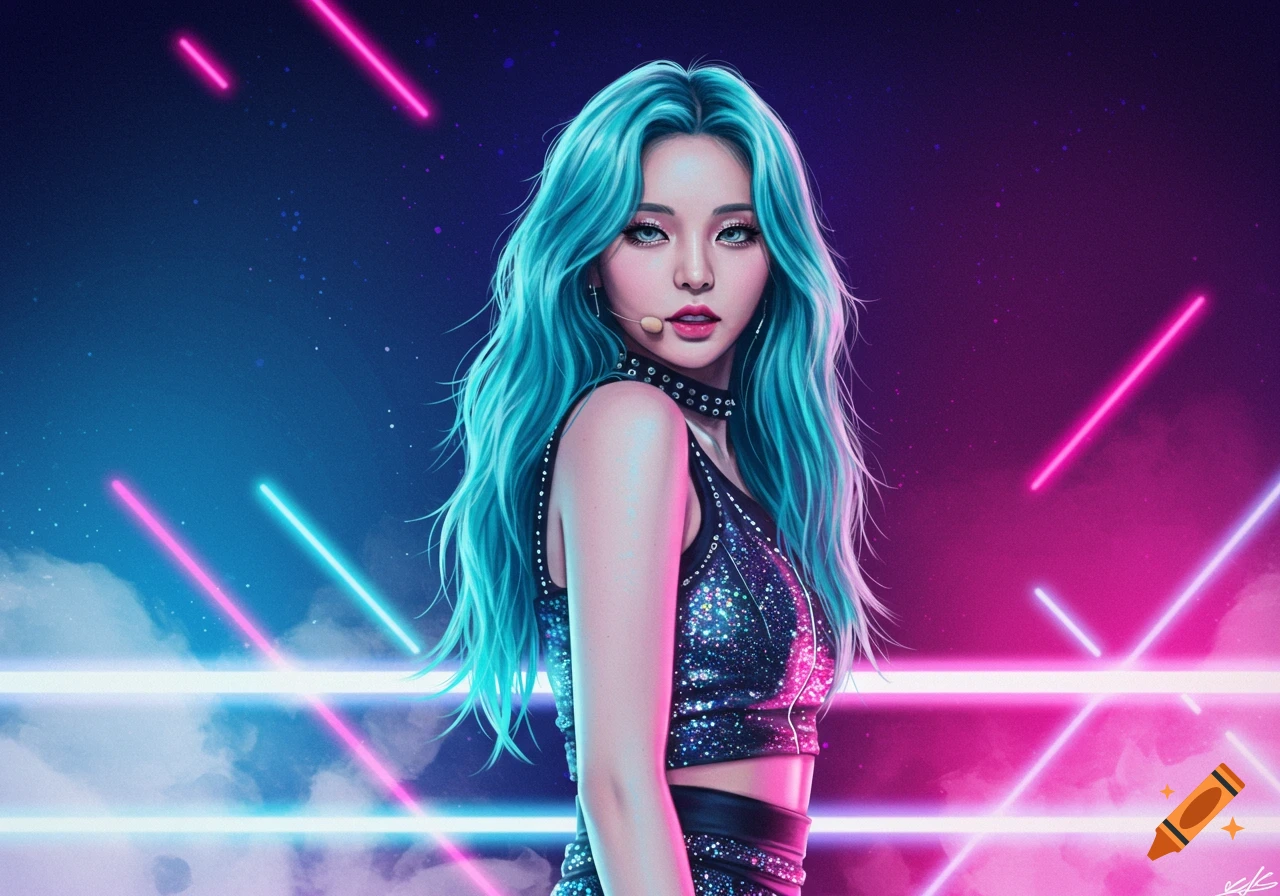 A stylish female kpop idol with long cyan hair, wearing a sparkly crop top, poses in a vibrant digital art style against a neon pink and blue background.