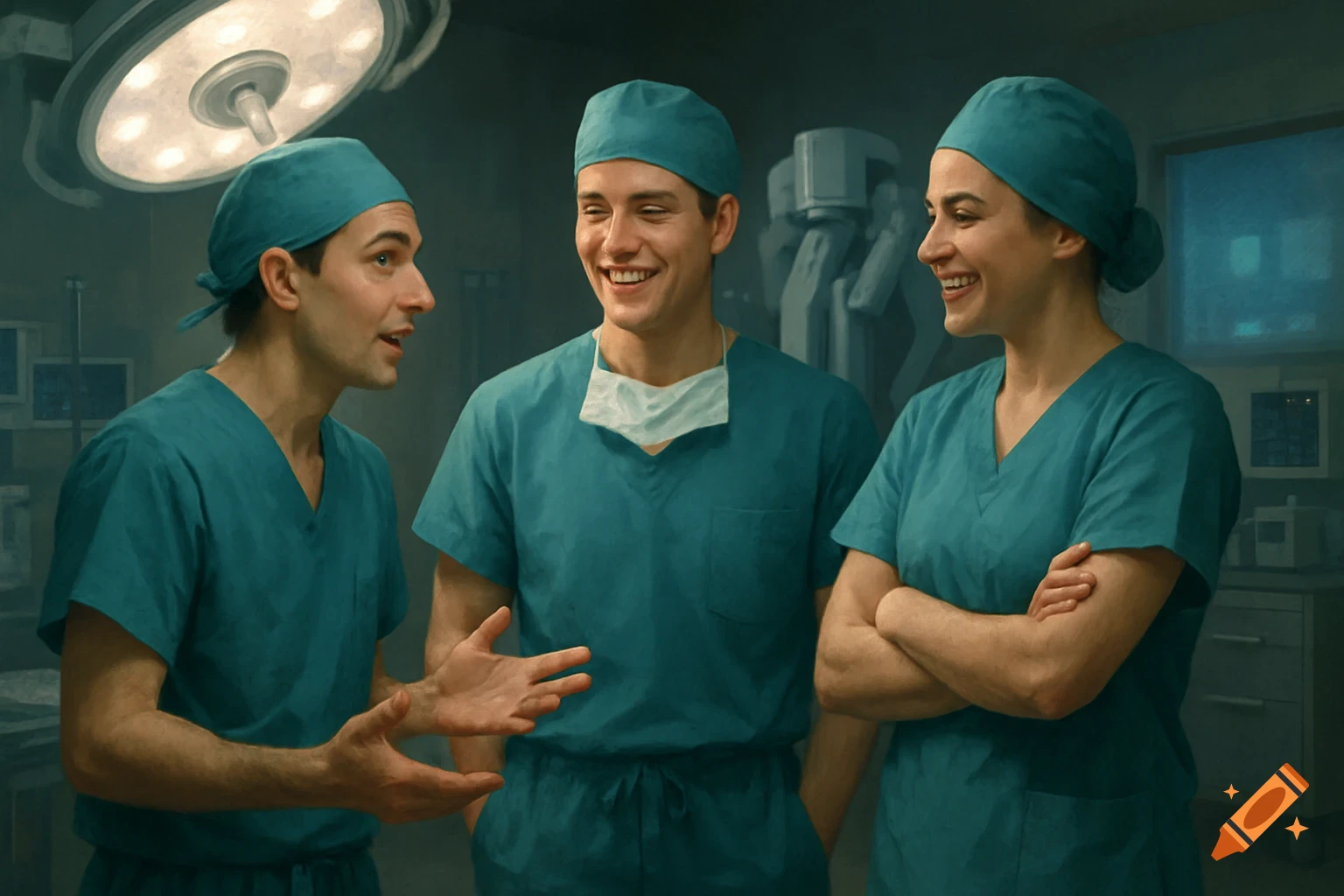 Three smiling surgical residents in teal scrubs and caps talking in an operating room with bright overhead lights.
