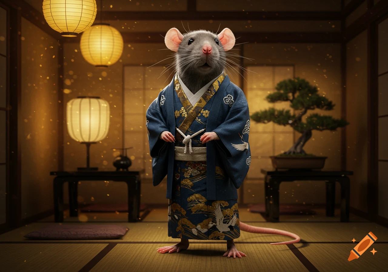 A realistic rat stands upright in a traditional blue and gold Japanese kimono inside a dimly lit room with lanterns and a bonsai tree.