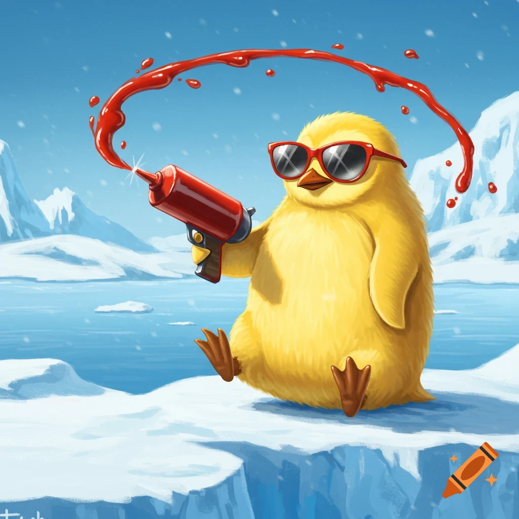 A cartoon yellow penguin with red sunglasses sits on an ice floe, shooting red ketchup from a toy gun in a snowy arctic landscape.