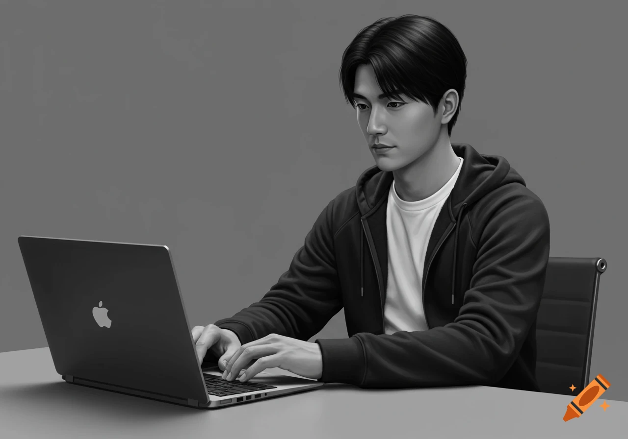 A realistic digital art rendering of a young man in a hoodie typing on a laptop at a desk with a gray background.