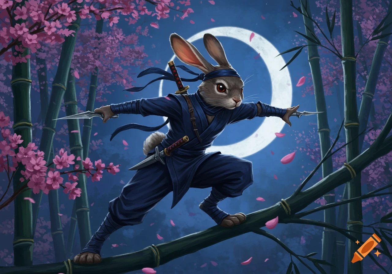 A rabbit ninja crouches on a bamboo branch, holding daggers, against a crescent moon in a cherry blossom and bamboo forest.