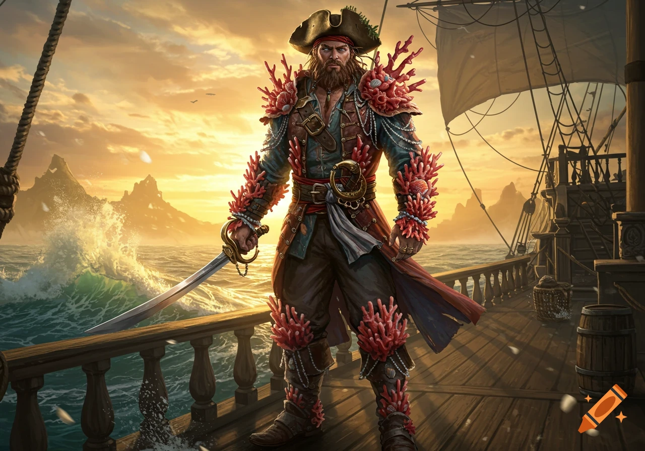 A fantasy pirate with a beard and coral armor stands on a ship deck at sunset, holding a sword. Digital art.