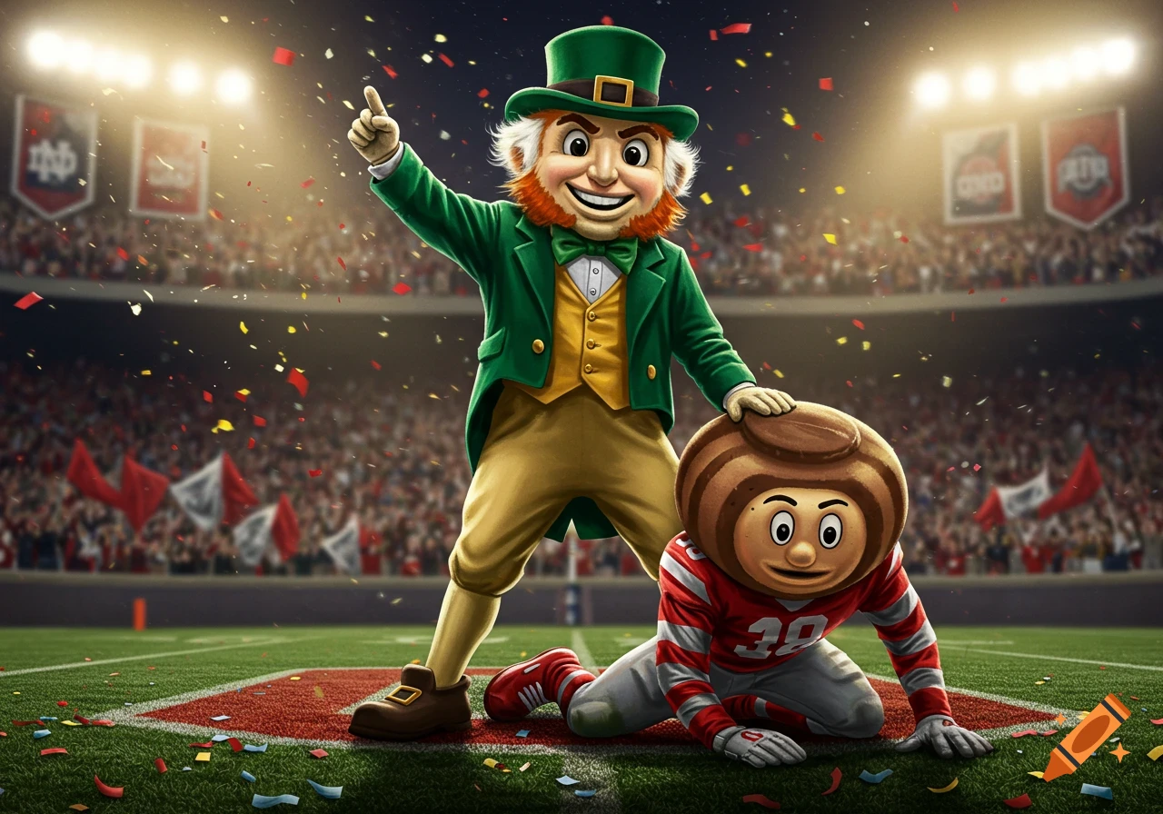 The Notre Dame Leprechaun mascot stands triumphantly over Ohio State's Brutus Buckeye mascot, who is kneeling on a confetti-strewn football field in a stadium.